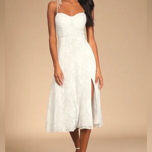 Lulu's White Lace Midi Dress with Side Slit